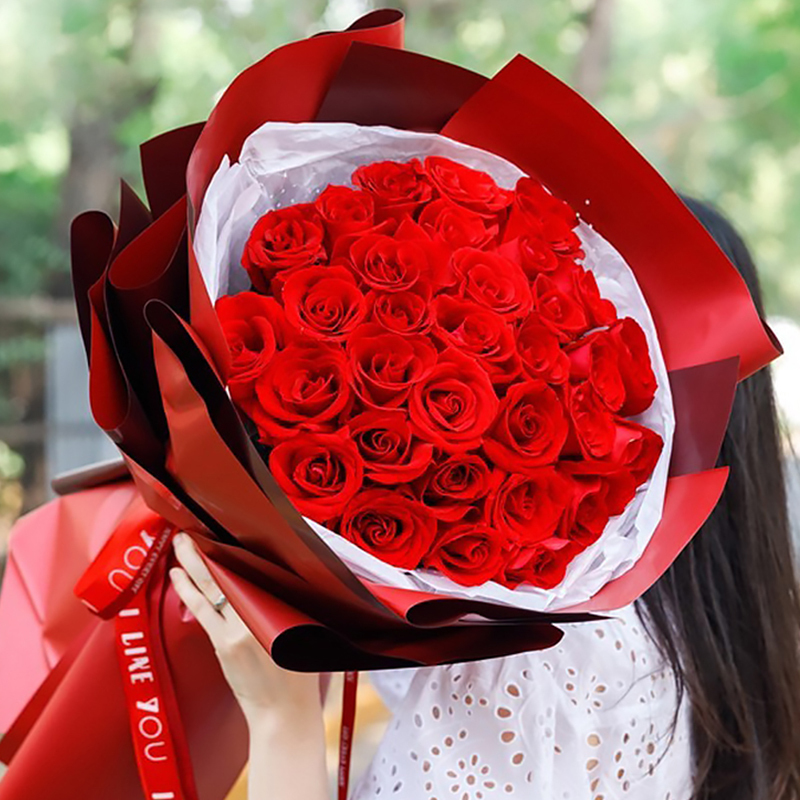 33 red roses bouquet in red wrap to china anniversary gift